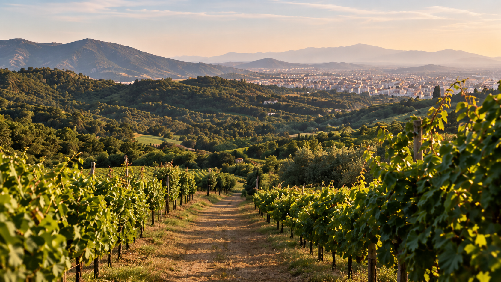 Rows of vines overlooking sunlit mountains