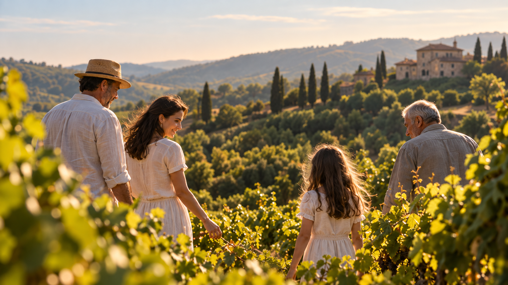 Family walking together through the vineyard