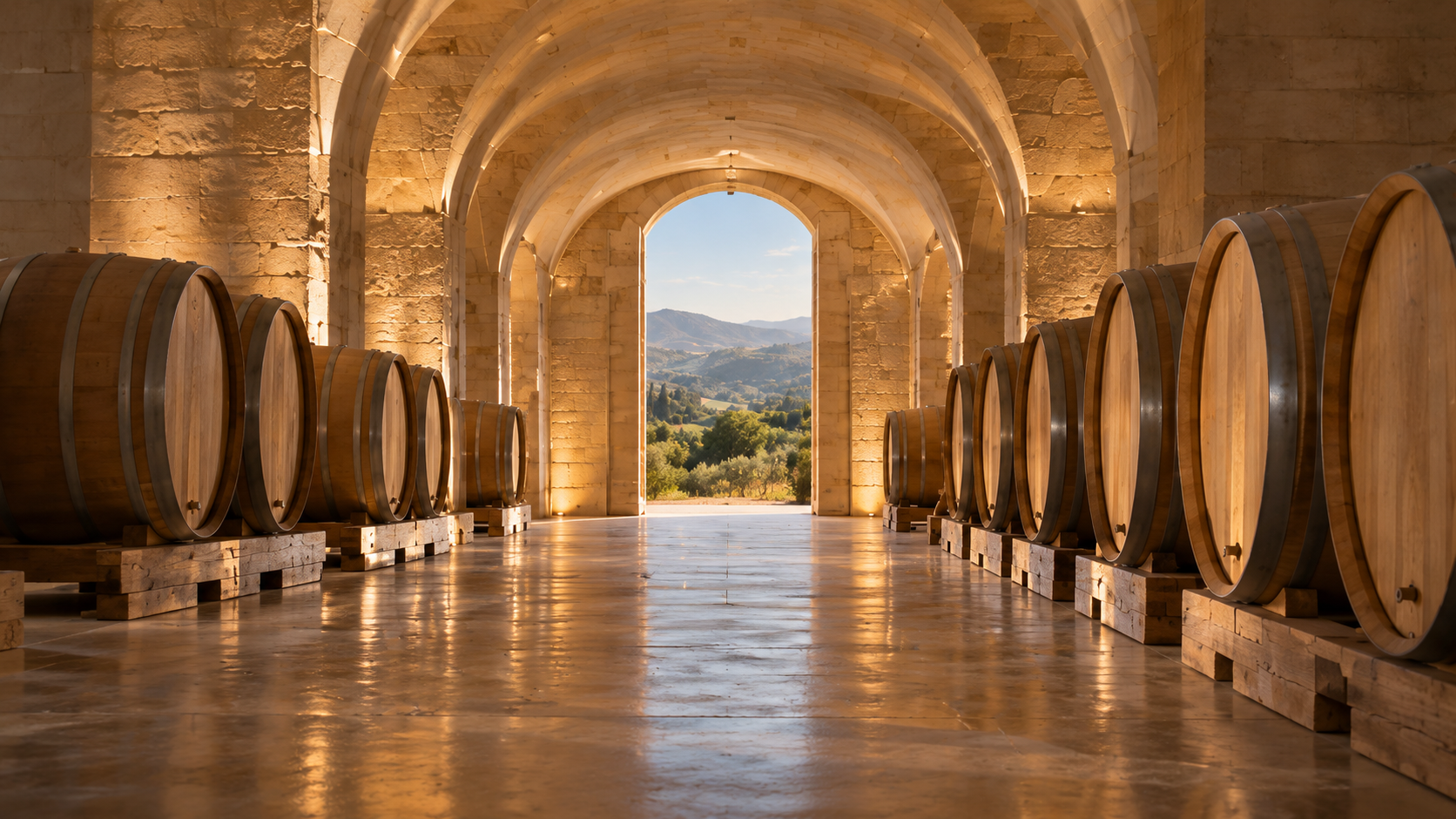 Warm stone arches and oak barrels in the cellar